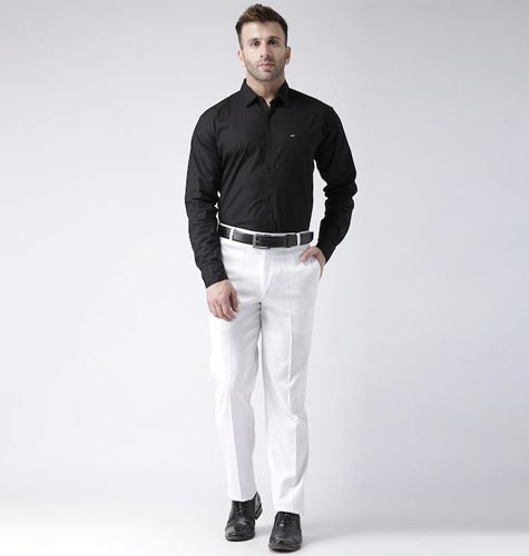 Men White Regular Fit Solid Linen Formal Trousers